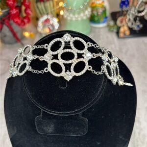 Rhinestone Circle Link Bracelet Silver Tone Jewelry Bling Fancy